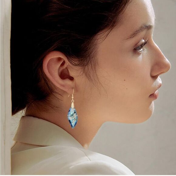 18K Yellow Gold with Natural Imperial Blue Jasper Stone Dangling Hook Earrings - Picture 3 of 6